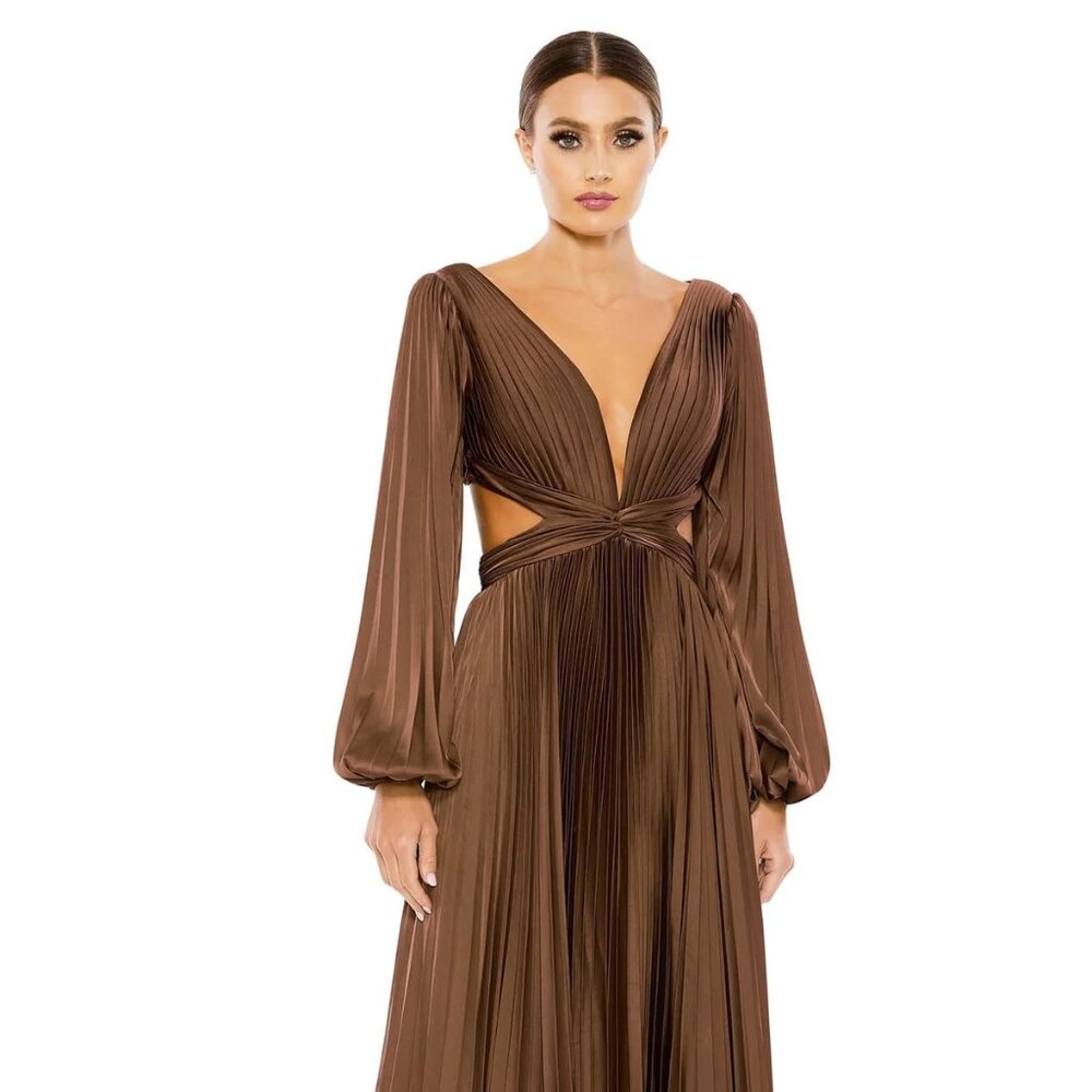 Mac Duggal Plunging V-Neck Chocolate Pleated Gown